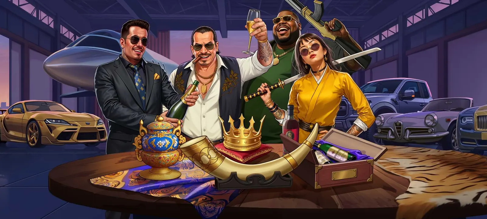 Mafia Casino Deutschland Überblick Illustrierte Mafia-Crew in einer nächtlichen Garage